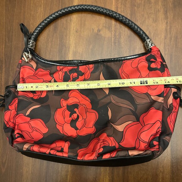 Brighton Jillian Rose Print Nylon Fabric Leather Hobo Bag Red Black - Picture 15 of 16